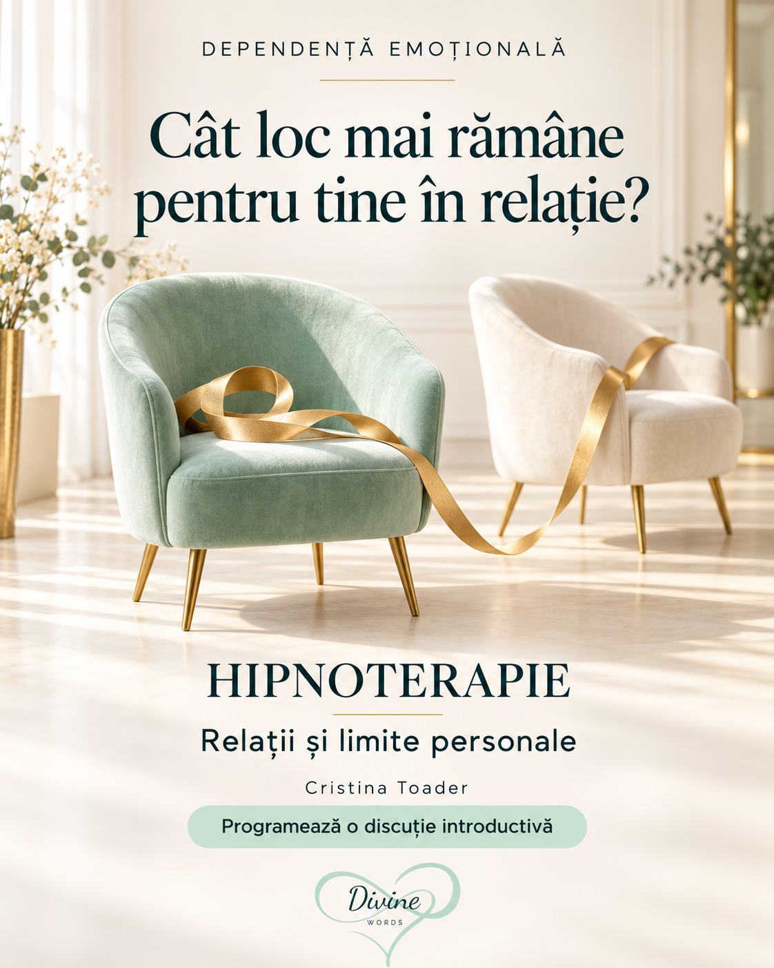 Două fotolii, unul verde mentă și unul crem, unite de o panglică aurie, într-un vizual Divine Words despre autonomia în relații.