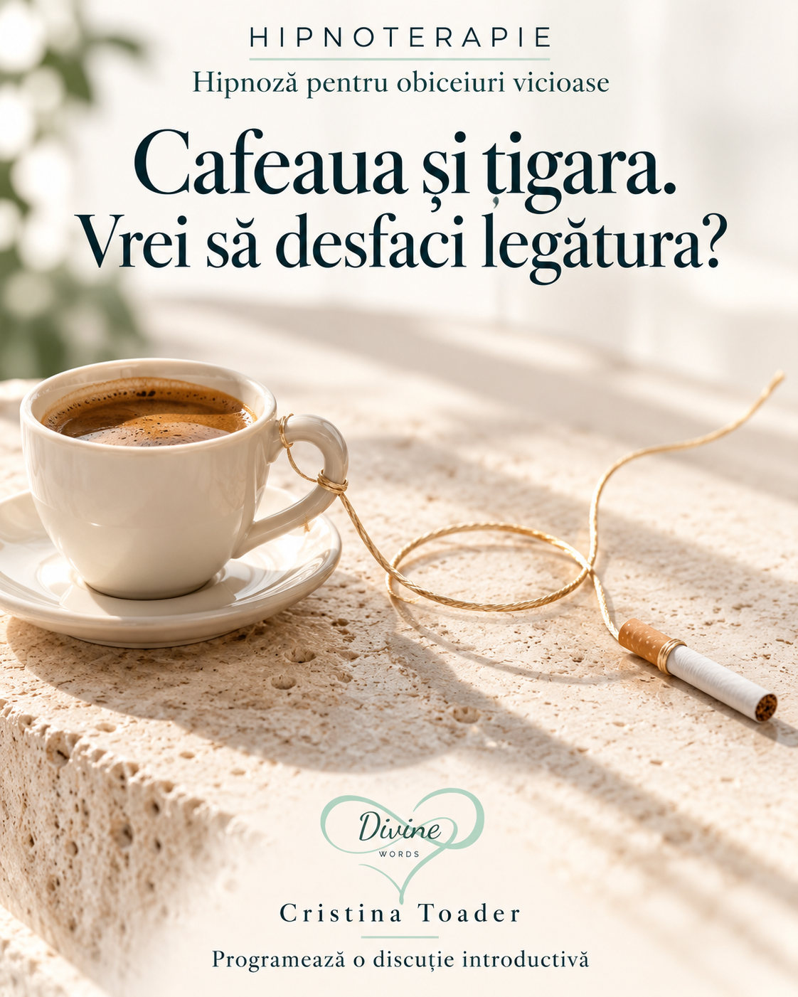 O ceașcă de cafea și o țigară unite simbolic printr-un fir auriu; vizual Divine Words despre schimbarea obiceiurilor.