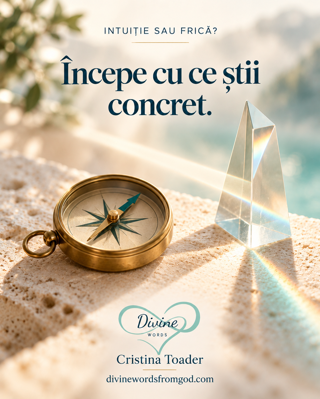 Busolă aurie și prismă de sticlă în lumină, metaforă Divine despre intuiție și clarificarea alegerii.