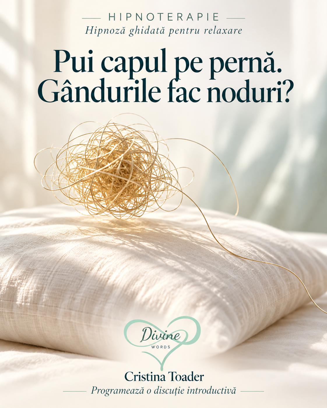 Un fir auriu încurcat pe o pernă albă, cu lumină caldă și marca Divine Words; metaforă pentru gândurile repetitive.