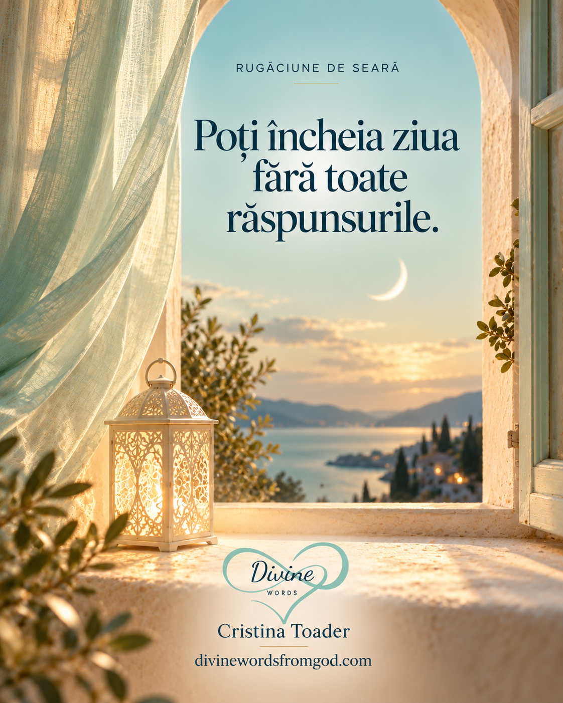 Felinar luminos la o fereastră arcuită, cu perdea delicată și semilună, pentru rugăciunea de seară Divine.